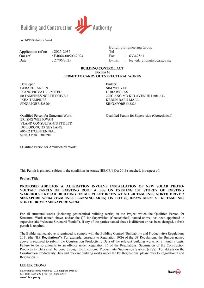 Permit issued to Duraworks from BCA to carried out structural works