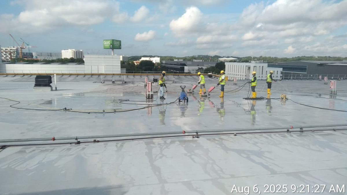 On the roof, cleaning the roof's floor